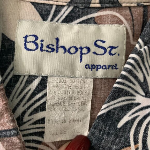 Vintage 90s Bishop St Reverse Print Hawaiian Shirt XL Black Floral Camp Pocket - Picture 6 of 6